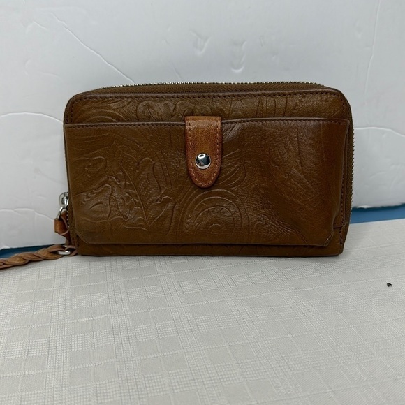 Margot Leather Wristlet Phone Case Zip Around Wallet Brown Tooled Leather ~ VGC - Picture 1 of 8